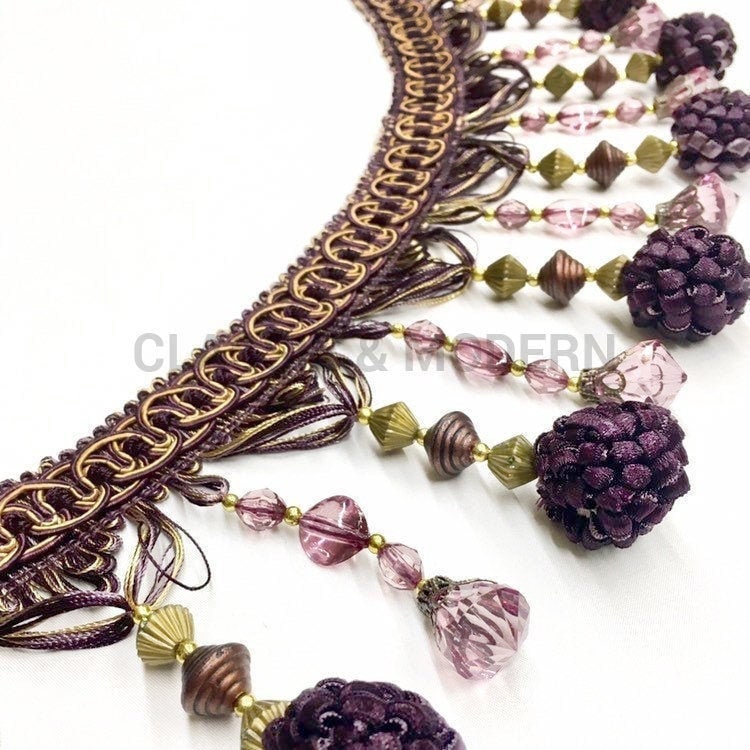 Heritage Trading Purple Beaded Sewing Trim Gold Bullion Beads 1” Wide 1.5  Yards
