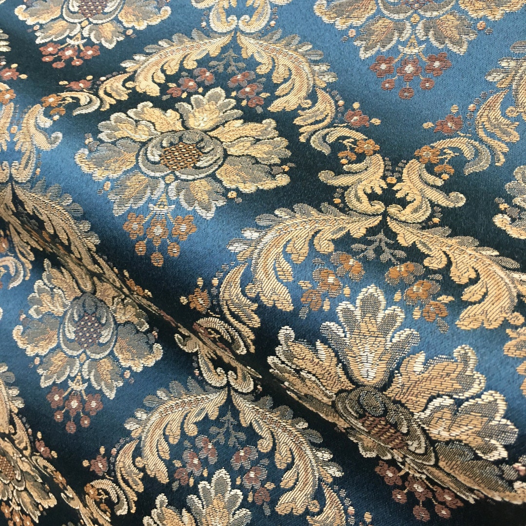 PALERMO Peacock Blue Gold Floral Damask Brocade Jacquard Fabric / Sold