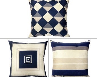 FREE SHIPPING / Boho Chic Mid Century Decorative Pillow Cover, Navy Blue Beige Home decor Pillowcases, Throw Pillow, Accent Pillow