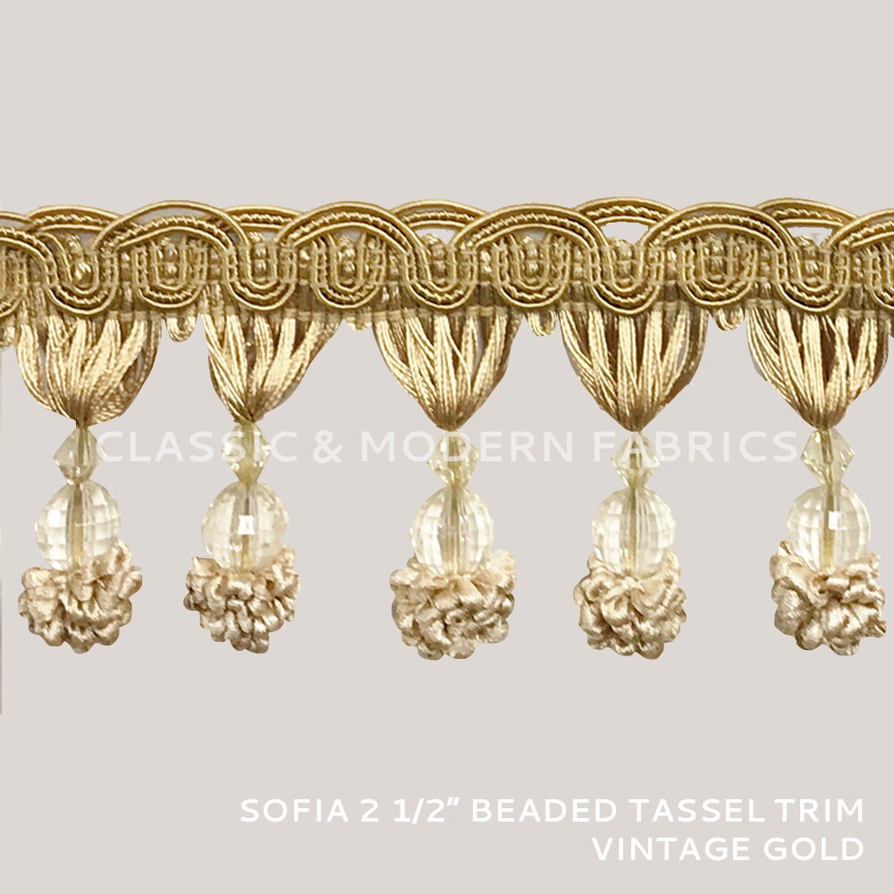 ISABELLE Vintage Gold 3 1/2 Beaded Tassel Fringe Trim / Drapery