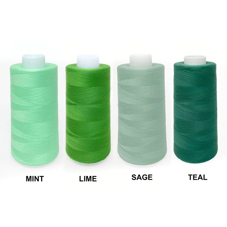May include: Four spools of thread in shades of green, from light to dark. The colors are labeled "Mint", "Lime", "Sage", and "Teal".
