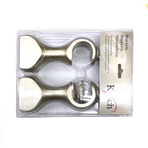 May include: Two gold metal curtain rod brackets, packaged in clear plastic. The brackets are designed to fit a 1 1/2 inch diameter curtain rod. The packaging includes the text "Brackets Supports Abrazaderas Fits 1 1/2 in. diameter pole Convient aux tringles d'un diamitre de 3,5 cm Se adapta a varillas de 3,5 cm de diámetro Kisch".