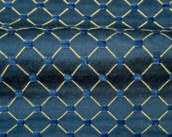 Salice Peacock Blue Gold LInes Diamond Dots Embroidered Jacquard Brocade Fabric /Curtain, Drapery, Upholstery, Slipcover/Fabric by the Yard