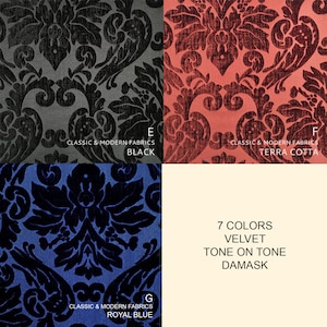 Puede incluir: Primer plano de siete colores diferentes de tejido de damasco de terciopelo. El tejido tiene un patr&oacute;n tono sobre tono y est&aacute; disponible en negro, terracota, azul real y otros cuatro colores.