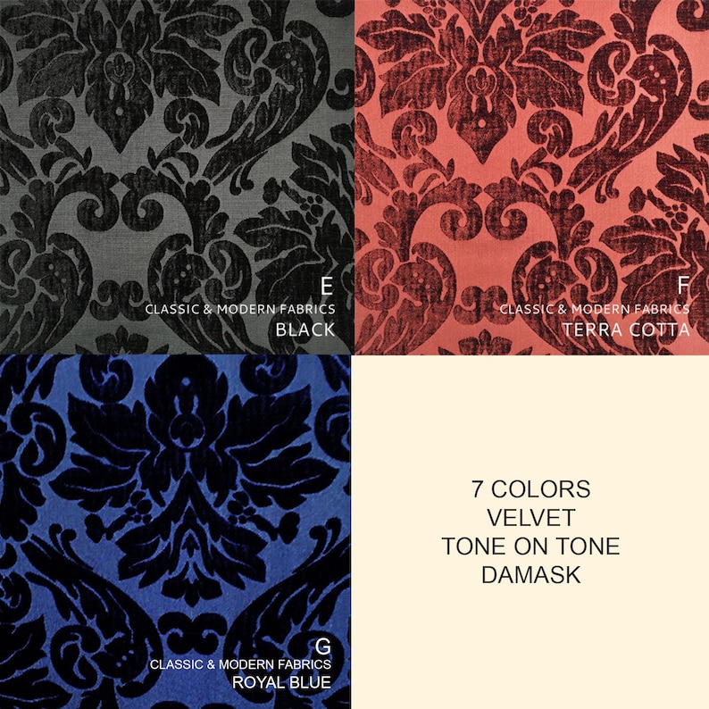 Puede incluir: Primer plano de siete colores diferentes de tejido de damasco de terciopelo. El tejido tiene un patr&oacute;n tono sobre tono y est&aacute; disponible en negro, terracota, azul real y otros cuatro colores.