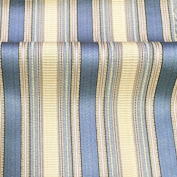 MOZART Blue Gold Striped Jacquard Brocade Fabric / Curtain, Drapery, Upholstery, Pillow/ Fabric by the Yard