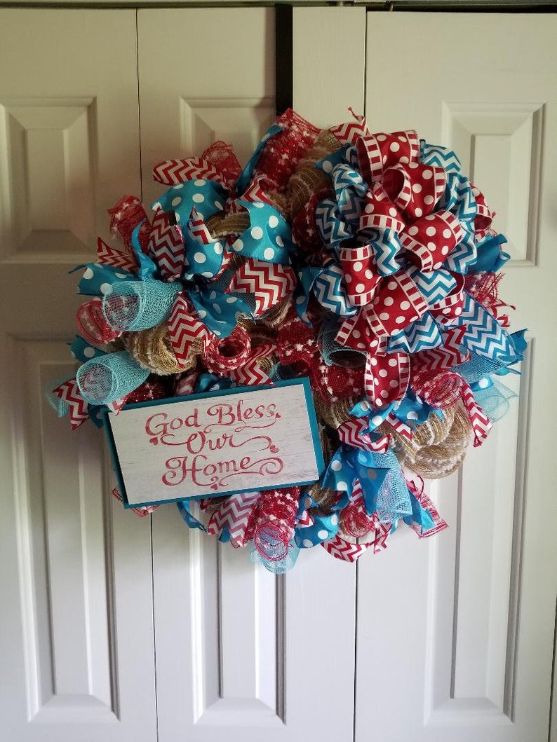large bow God Bless our Home wood sign attachment Everyday wreath