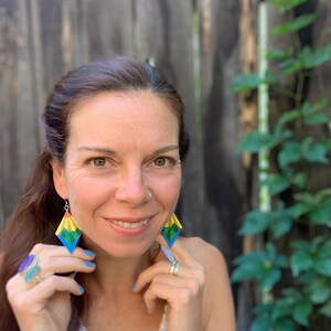 Geometric Crystal Mountain Earrings - Repurposed Leather - Hand-Painted Leather earrings - Mountains are Calling - Dangle Statement Earrings