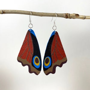Red Peacock Leather Butterfly Wing Earrings - Repurposed Leather - Hand-Painted - Leather earrings - Dangle Statement Earrings