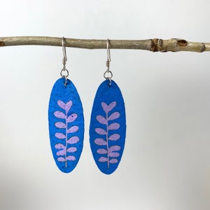 Repurposed Leather - Dangle Statement Earrings - Leather earrings - Hand-Painted Jewelry - Fern Jewelry - Simple Ferns - Botanical Jewelry