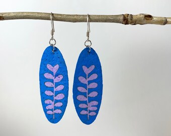 Repurposed Leather - Dangle Statement Earrings - Leather earrings - Hand-Painted Jewelry - Fern Jewelry - Simple Ferns - Botanical Jewelry