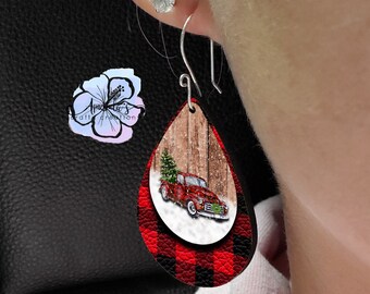 Teardrop Earrings, Dangle Earrings, Red Truck Earrings, Buffalo Plaid, Xmas, Leather Texture Earrings, Holiday Earrings, Teardrop jewelry