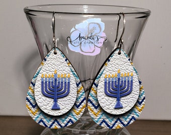 Teardrop Earrings, Dangle Earrings, Hanukkah Earrings, Menorah Earrings, Leather Texture Earrings, Layered look earrings