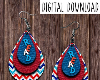 Earring Design, Drop Earring Design, Blue and Red Chevron Stripe READ Leather Look Sublimation Earring Design, Digital Download, PNG, JPEG