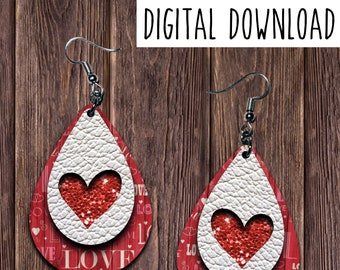 Valentine Wood White Red Chunk Heart Teardrop Earring, Drop Earring, Red Wood, Love, White Red Valentines, Digital Download, PNG, JPEG