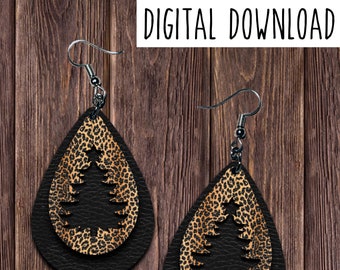 Diseño de aretes con forma de lágrima recortada con estampado de leopardo y árbol negro, aretes colgantes, estampado de leopardo, aretes con forma de árbol recortado, descarga digital, PNG, JPEG