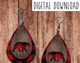 Buffalo Plaid Bear Cutout Teardrop Earring Design - Digital Download (PNG, JPEG)