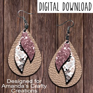 Rose Gold Tan Leaf Triple Layer Tear Drop Earring Design, tan rose gold Leather Look Sublimation Earring Design, Digital Download, PNG, JPEG