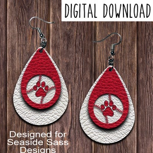 White Red Baseball Paw Teardrop Earring Design, Drop Earring Design, Baseball, Paw Print, Digital Download, PNG, JPEG