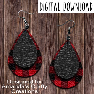 Buffalo Plaid Black Teardrop Earring Design, Red Buffalo Plaid, and black leather look Sublimation Earring Design