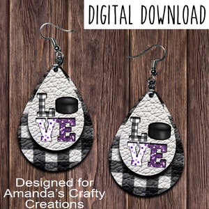 White Plaid LOVE Purple Hockey Cutout Teardrop Earring Design, Drop Earring Design, Hockey Earring, Digital Download, PNG, JPEG