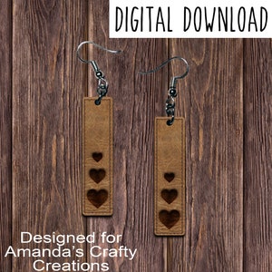 Stitched Med Leather Triple Heart Bar Earring Design, Stitched and stamped leather look Sublimation Earring Design, Bar Earring Design