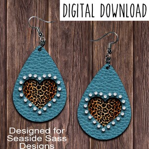 Teardrop Earring Design, Turquoise Leather look, and Leopard Heart with Rhinestones Sublimation Earring Design