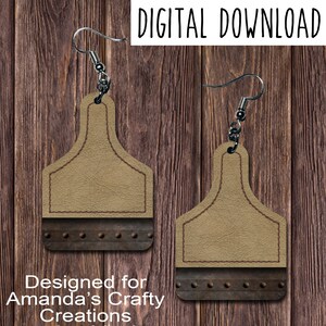 Stitched Tan Leather and Rivets Tag Earring Design, Drop Earring, Stitched leather and metal rivets sublimation, Digital Download, PNG, JPEG