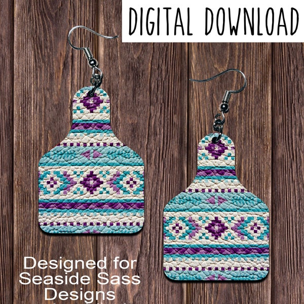 Earring Design, Drop Earring Design, Purple Teal Tribal Earring Design, Cow Tag Earring Design, Digital Download, PNG, JPEG