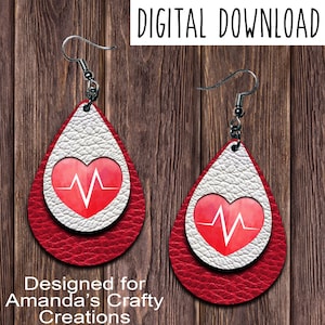 Red Heart EKG Teardrop Earring, Drop Earring, Nurse, Doctor, Medical Design, Digital Download, PNG, JPEG