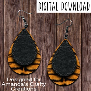 Black Leather Stitched Tiger Print Teardrop Earring, Drop Earring, Stitched leather look sublimation design, Digital Download, PNG, JPEG