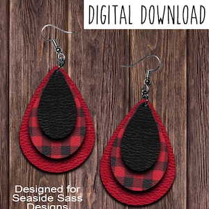 Red Buffalo Plaid Black Teardrop Earring Design, Layered Earring Design, Digital Download, PNG, JPEG