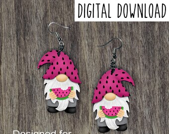 Watermelon Gnome Earring Sublimation Design, Hand drawn Gnome Sublimation earring design, digital download, JPG, PNG