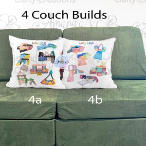 May include: Two white throw pillows with colorful watercolor illustrations of block structures, labeled "Build Lucas". The pillows are on a green couch. The text "4 Couch Builds" is at the top.