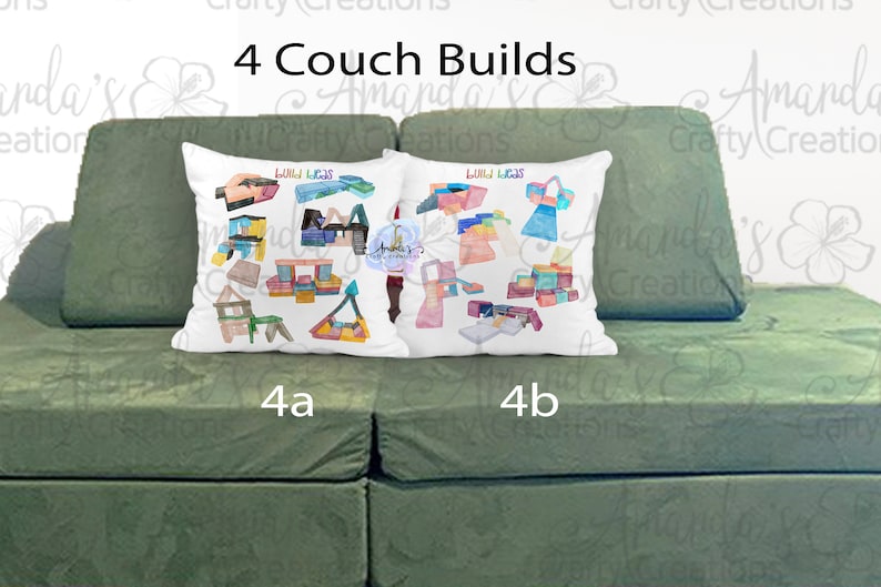 May include: Two white throw pillows with colorful watercolor illustrations of block structures, labeled "Build Lucas". The pillows are on a green couch. The text "4 Couch Builds" is at the top.