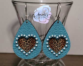 Drop Earrings, Dangle Earrings, Turquoise with Leopard print heart and rhinestones, Leather Texture Earrings, Drop earrings jewelry
