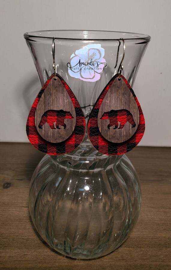 Teardrop Earrings, Drop Earrings, Dangle Earrings, Bear, Wood, Rustic, Buffalo Plaid, Xmas, Leather Texture Earrings, Holiday Earrings