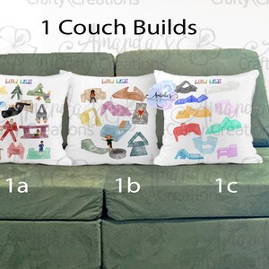 May include: Three white throw pillows with colorful illustrations of couch builds, labeled 1a, 1b, and 1c. The pillows are on a green couch. The text "1 Couch Builds" is at the top. The pillows have the text "Lulu Lucas" on them.