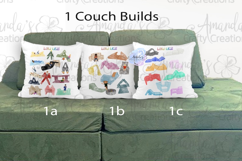 May include: Three white throw pillows with colorful illustrations of couch builds, labeled 1a, 1b, and 1c. The pillows are on a green couch. The text "1 Couch Builds" is at the top. The pillows have the text "Lulu Lucas" on them.