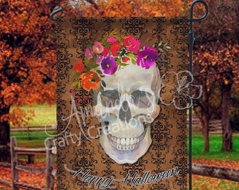 Halloween Garden Flag, Garden Flag, Garden Decor, Halloween Decor, Fall Home Decor, Fall Decorations, Fall Stuff, Floral Skull, Halloween