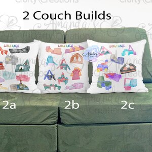 May include: Three white throw pillows with colorful watercolor illustrations of building block structures. The pillows are on a green couch. Text on the pillows reads "Build Ideas" and "Amanda's Crafty Creations". The image also has the text "2 Couch Builds".