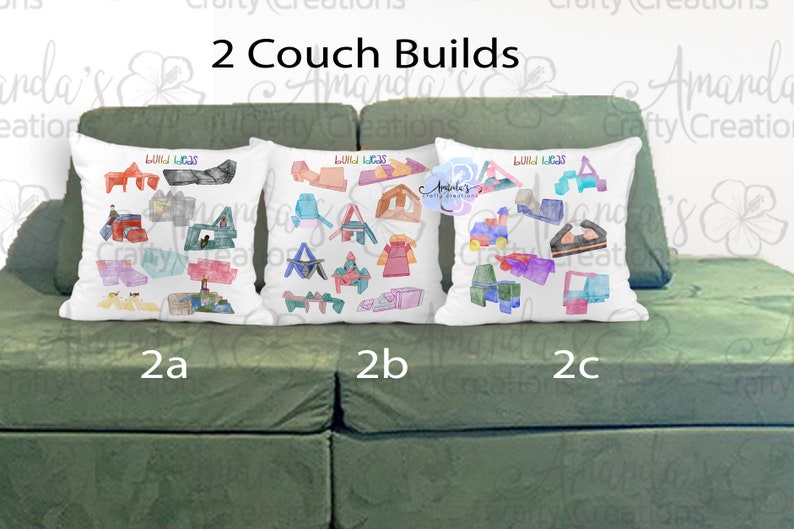 May include: Three white throw pillows with colorful watercolor illustrations of building block structures. The pillows are on a green couch. Text on the pillows reads "Build Ideas" and "Amanda's Crafty Creations". The image also has the text "2 Couch Builds".