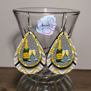 Teardrop Earrings, Dangle Earrings, Happy New Year Earrings, Champagne Bottle, Leather Texture Earrings, Holiday Earrings