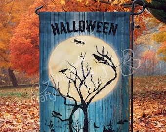 Halloween Garden Flag, Garden Flag, Garden Decor, Halloween Decor, Home Decor, Fall Decorations, Full Moon Raven, Halloween, Garden Sign