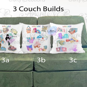 May include: Three white throw pillows with watercolor illustrations of couch builds, labeled 3a, 3b, and 3c. The pillows are on a green couch. The text "3 Couch Builds" is at the top.
