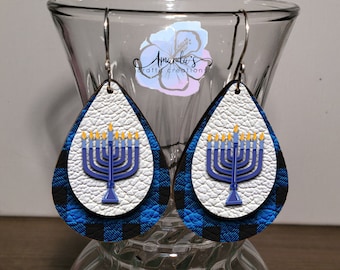 Drop Earrings, Dangle Earrings, Hanukkah Earrings, Menorah Earrings, Leather Texture Earrings, Layered look earrings, Drop earrings jewelry