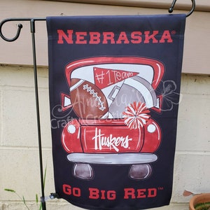 Nebraska Huskers Garden Flag, Football Vintage Truck Home Decor, Husker Gift, Sports