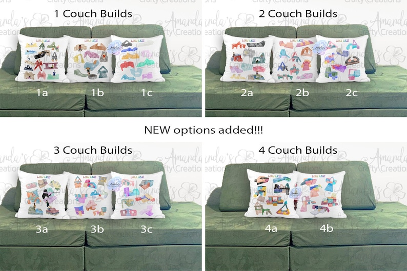 May include: White throw pillows with colorful illustrations of couch builds, displayed on a green couch. The pillows are labeled with numbers and letters, and the text "NEW options added!!!" is visible.