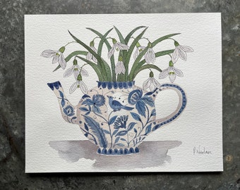 Original, watercolour and ink painting of snowdrops in a delftware, ceramic teapot.