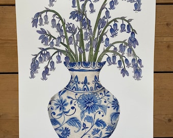 A3, Limited Edition, Giclee Print of Bluebells in a delftware vase